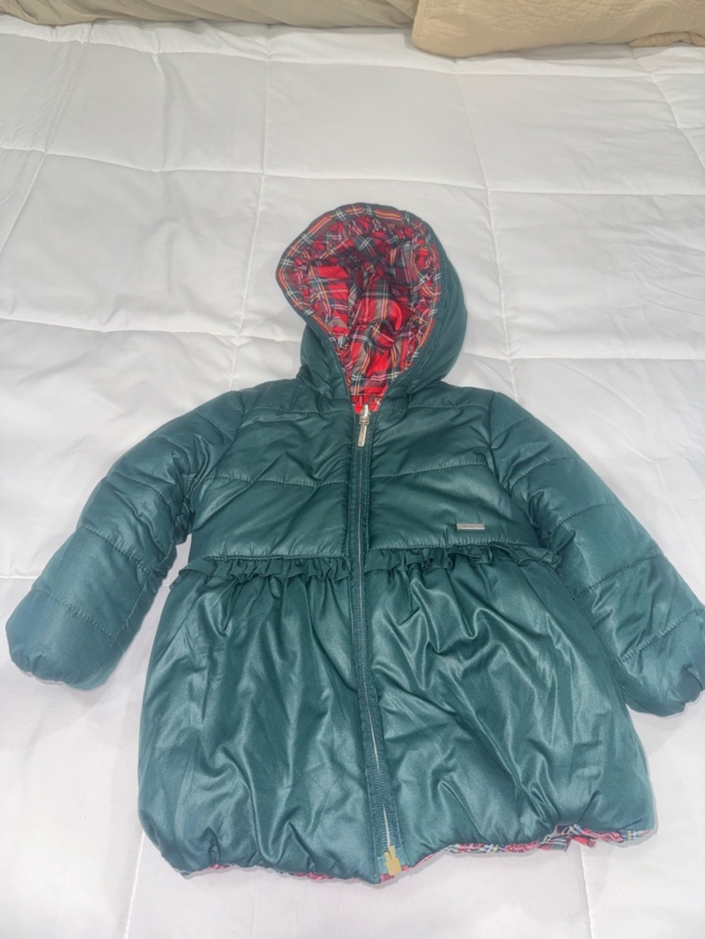 Mayoral Teal Hooded Puffer Coat with Red Plaid Lining